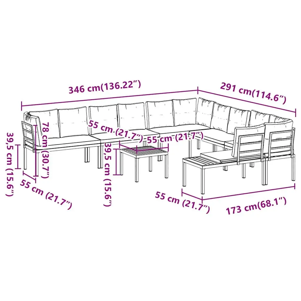 Garden Sofa Set Modular Black Powder-coated Steel Frame 7 Piece Outdoor Furniture