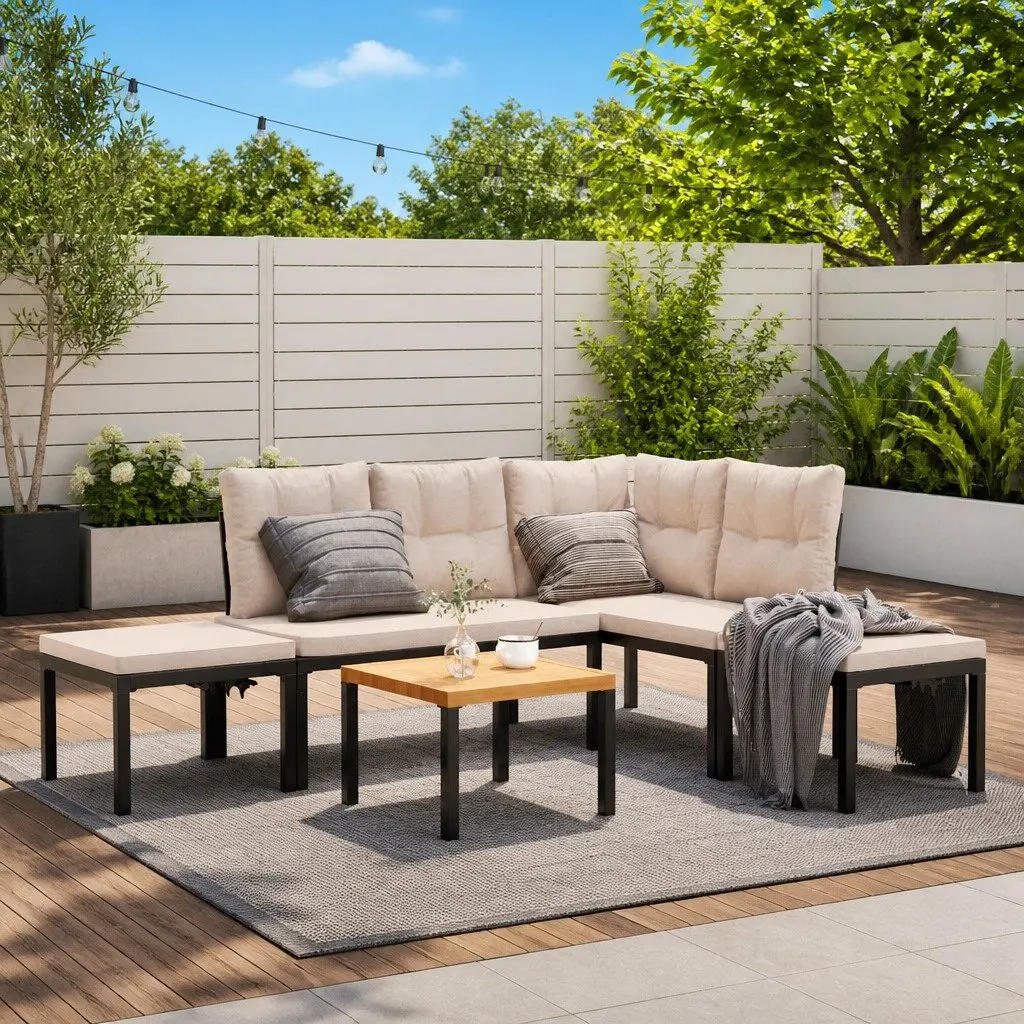 Garden Sofa Set Powder-Coated Steel 5 Piece Modular Outdoor Lounge with Cushions Taupe