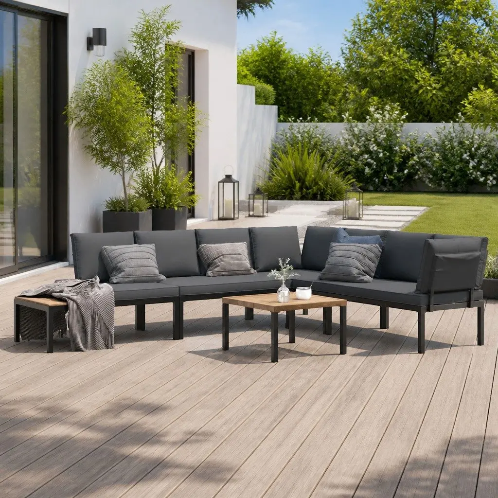 Garden Sofa Set Aluminium Modular 5 Piece Outdoor Furniture Black with Cushions