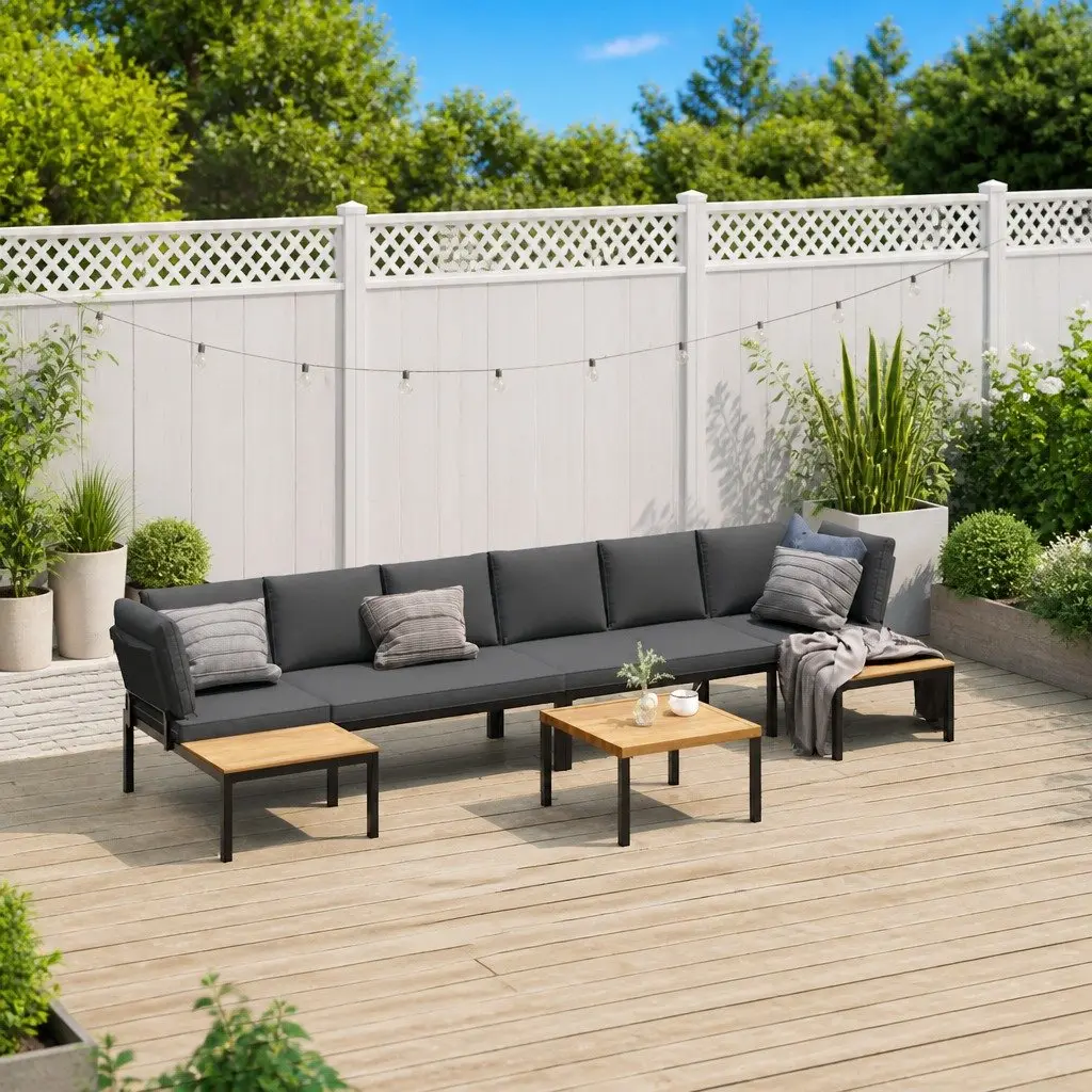 Outdoor Garden Sofa Set 5 Piece Black Aluminium Patio Furniture with Cushions