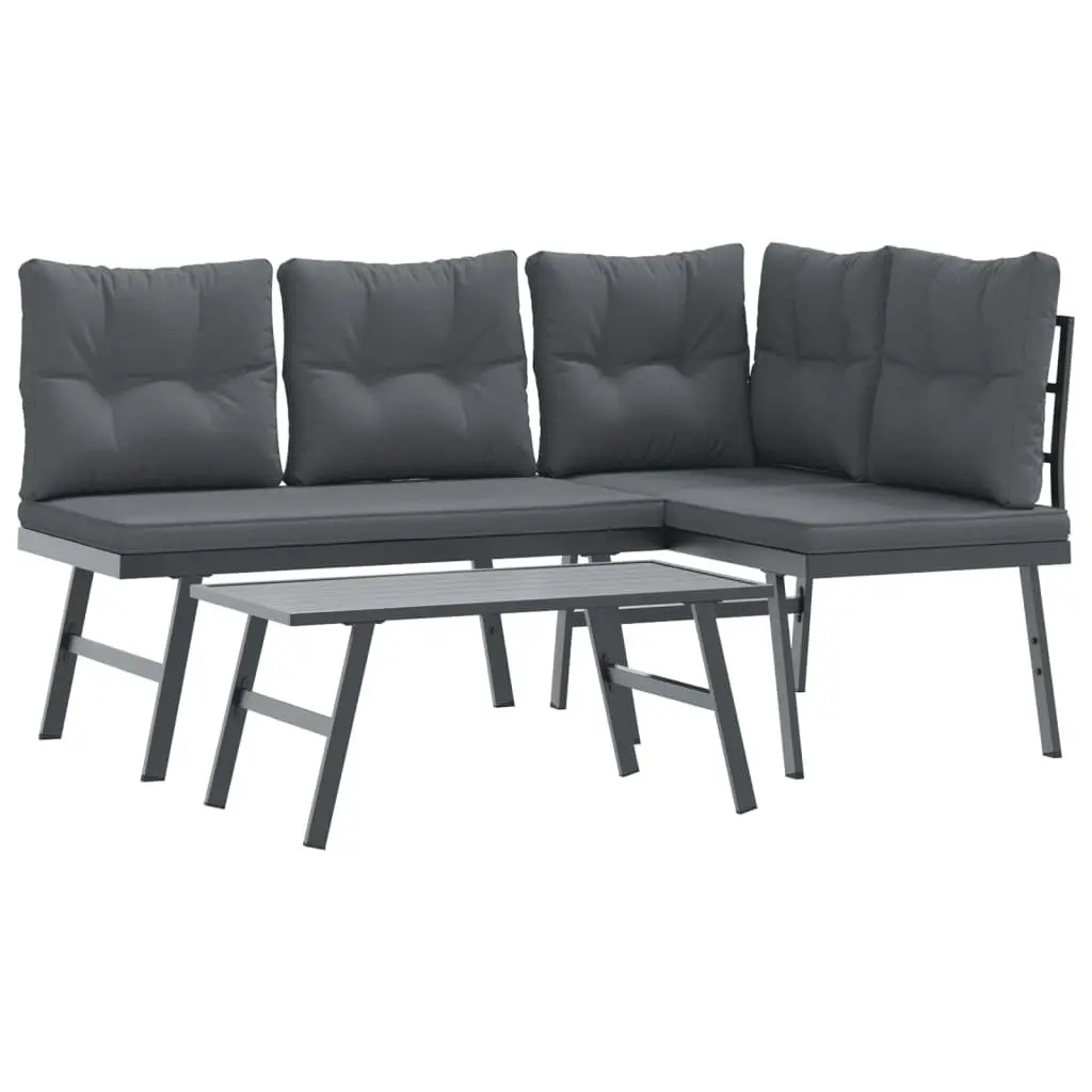 3 Piece Outdoor Garden Bench Set Powder-coated Steel Frame Black with Cushions