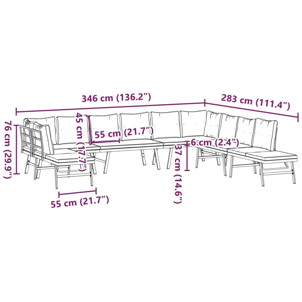7 Piece Garden Bench Set with Adjustable Lounger Cushions Black Outdoor