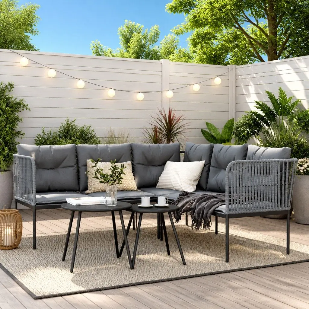 Garden Sofa Set Black Powder-coated Steel Frame Textilene with Cushions