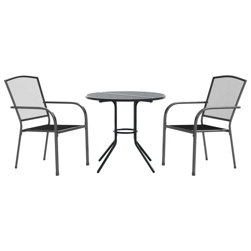 3 Piece Anthracite Stackable Chair Set Powder-Coated Steel Outdoor Furniture for Patio and Dining Spaces