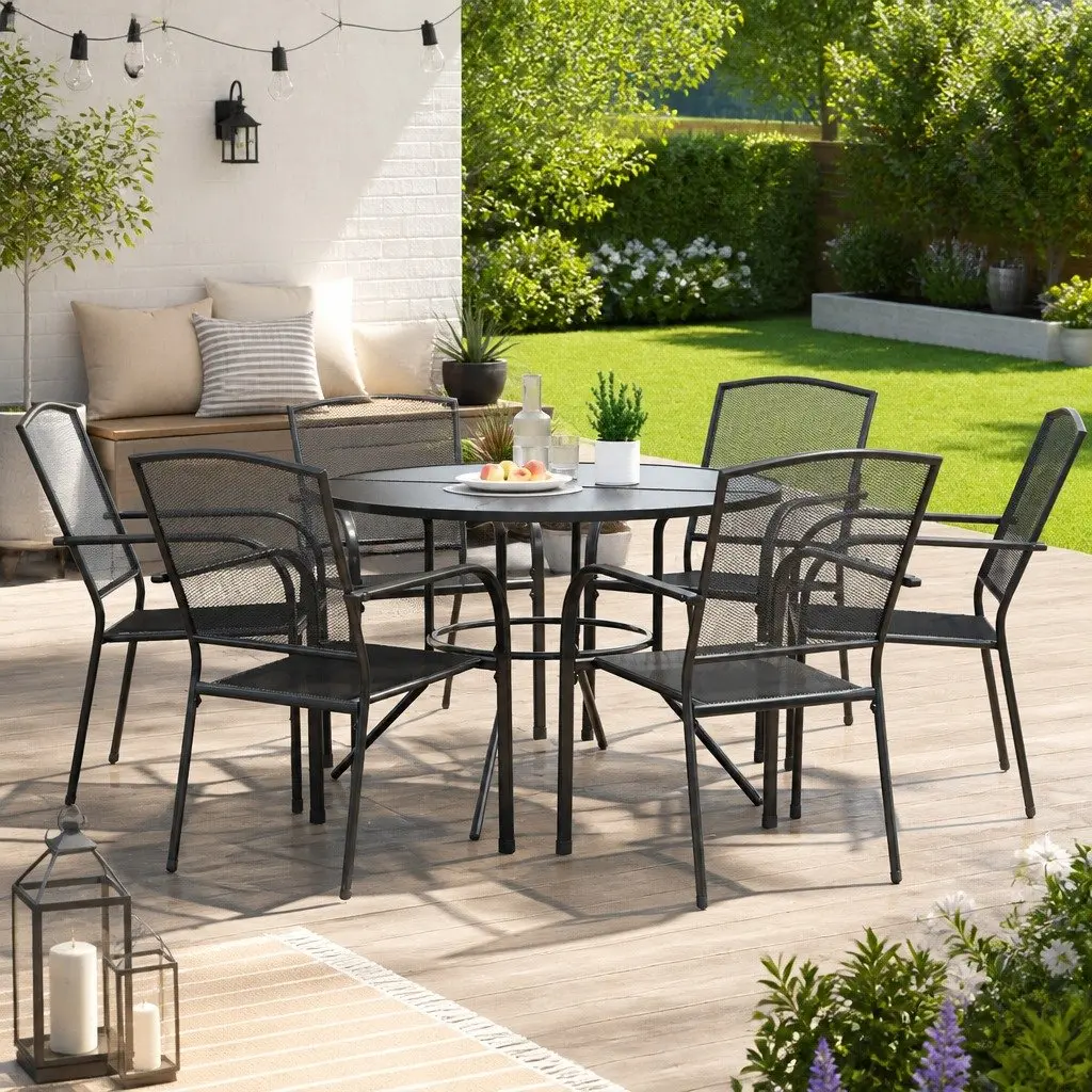 Stackable Garden Chair Set 7 Piece Outdoor Dining Bistro Chairs Mesh Table