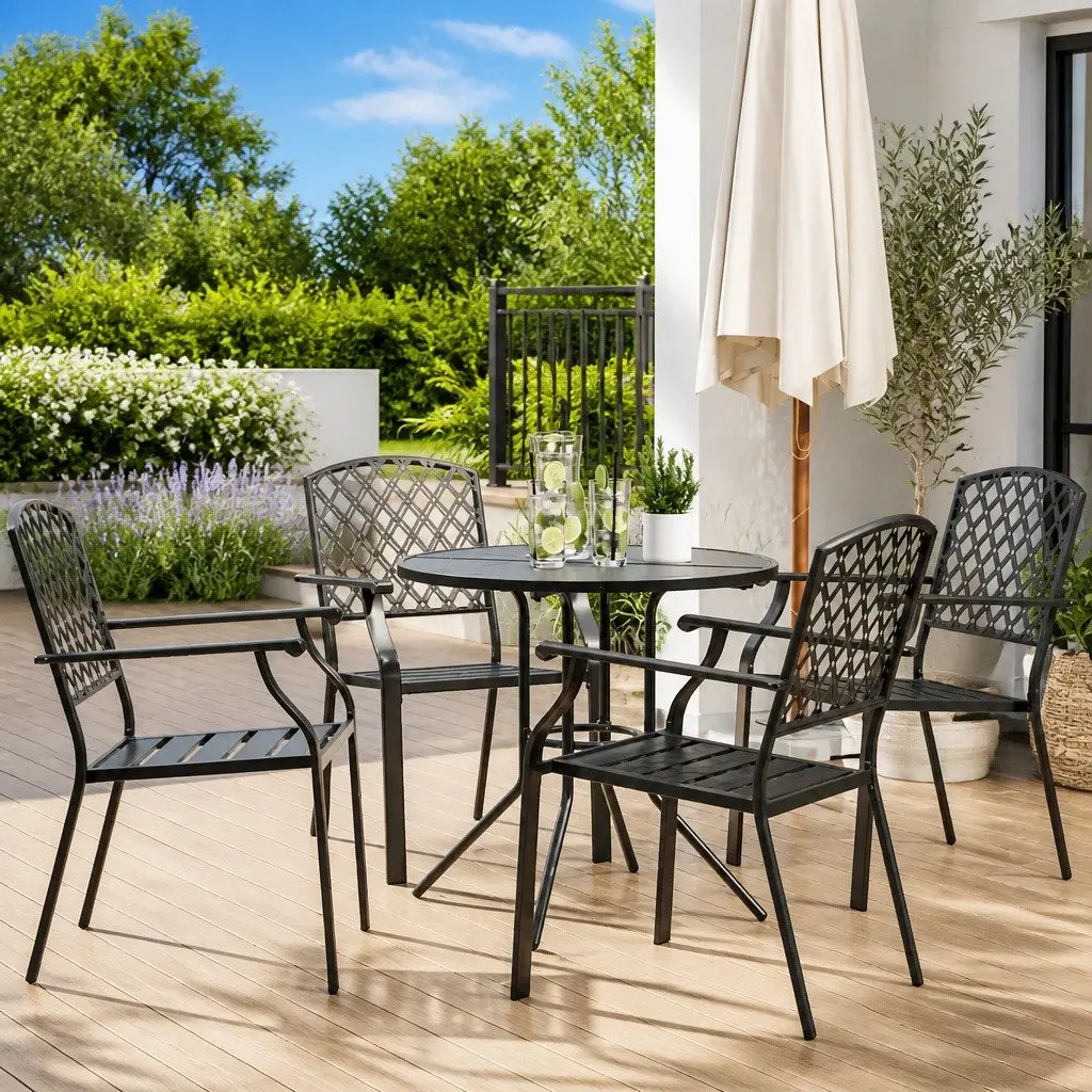 Stackable Garden Chair Set Powder-coated Steel 5 Piece Anthracite Outdoor Patio Dining Furniture