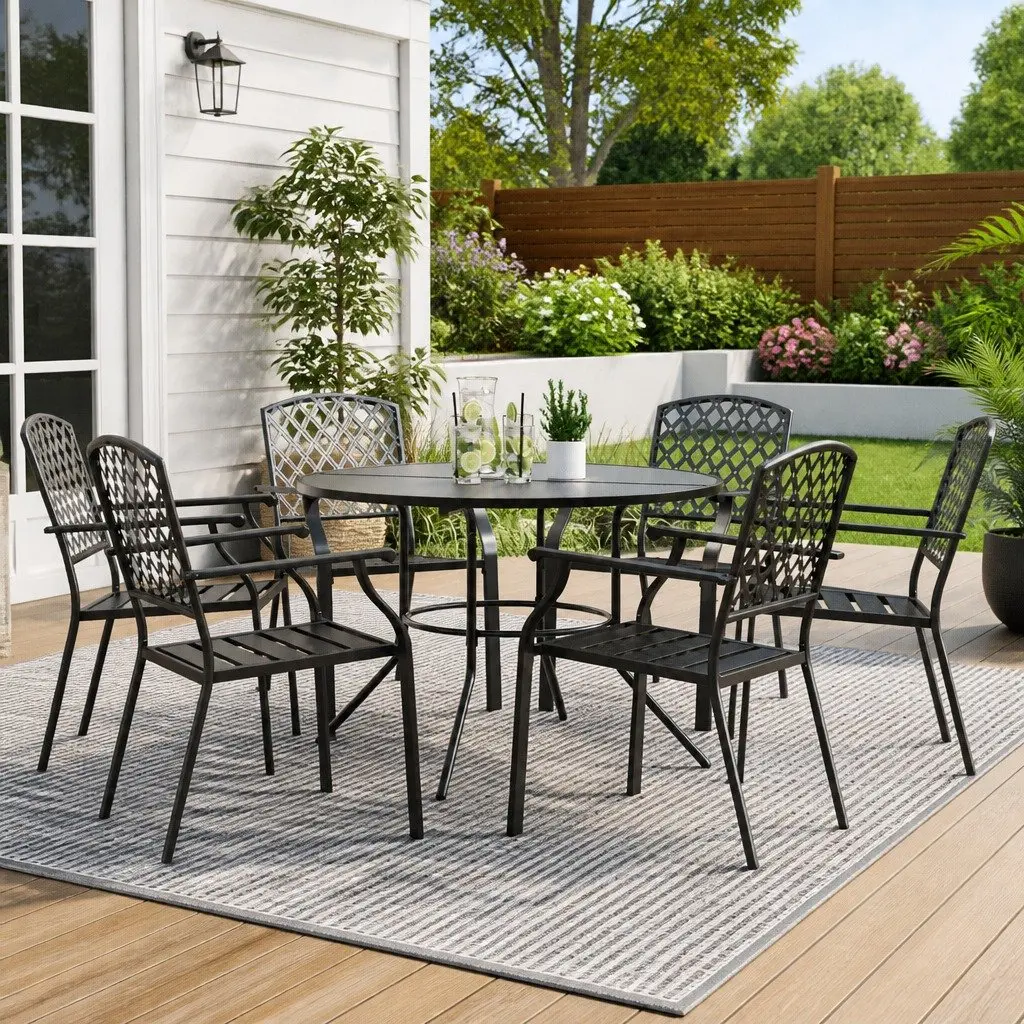 7 Piece Bistro Chair Set Anthracite Mesh Top Table Stackable Outdoor Patio Furniture