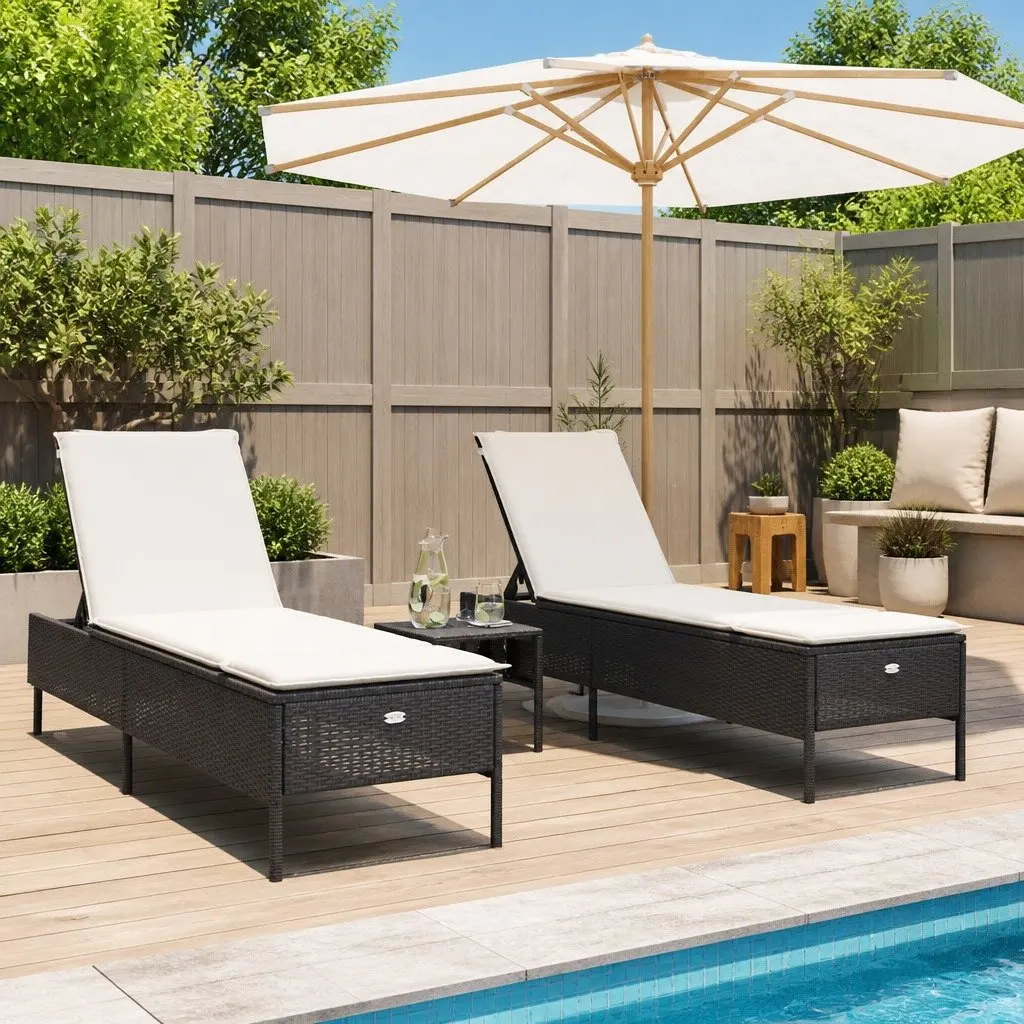 Sun Lounger Set Poly Rattan Adjustable 3 Piece Black Outdoor Garden Furniture