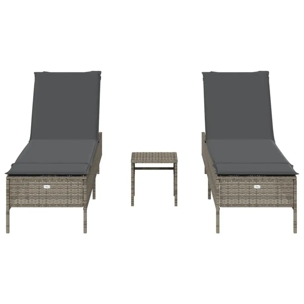 Sun Lounger Set 3 Piece Outdoor Seating Grey Adjustable Backrest Cushions
