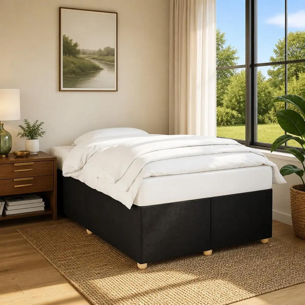 Double Bed Frame Black Polyester Fabric Upholstered Slat Support