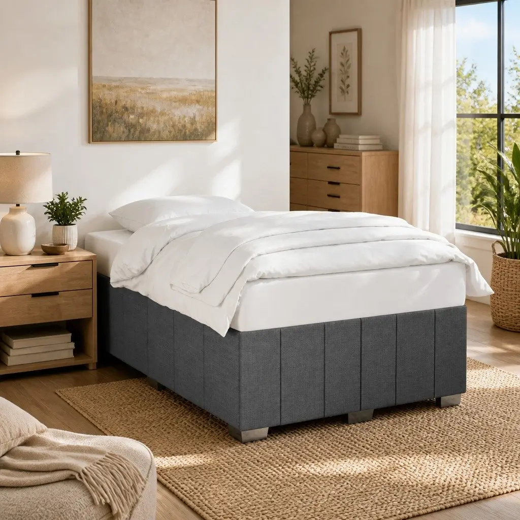 Double Bed Frame Polyester Fabric Grey Slats Support