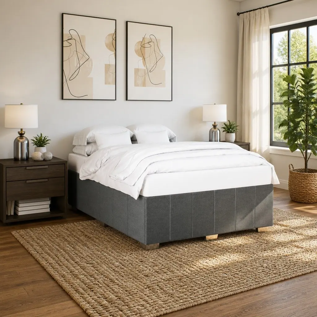 Queen Bed Frame Upholstered Dark Grey Fabric Slat Support System