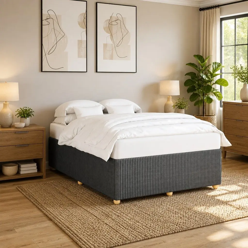 Double Bed Frame Velvet Fabric Dark Grey Slats Support