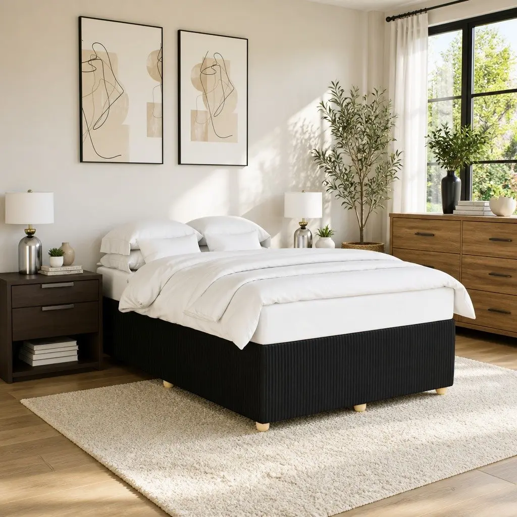 Velvet Fabric Queen Bed Frame Black Wooden Slats Support Sturdy Construction