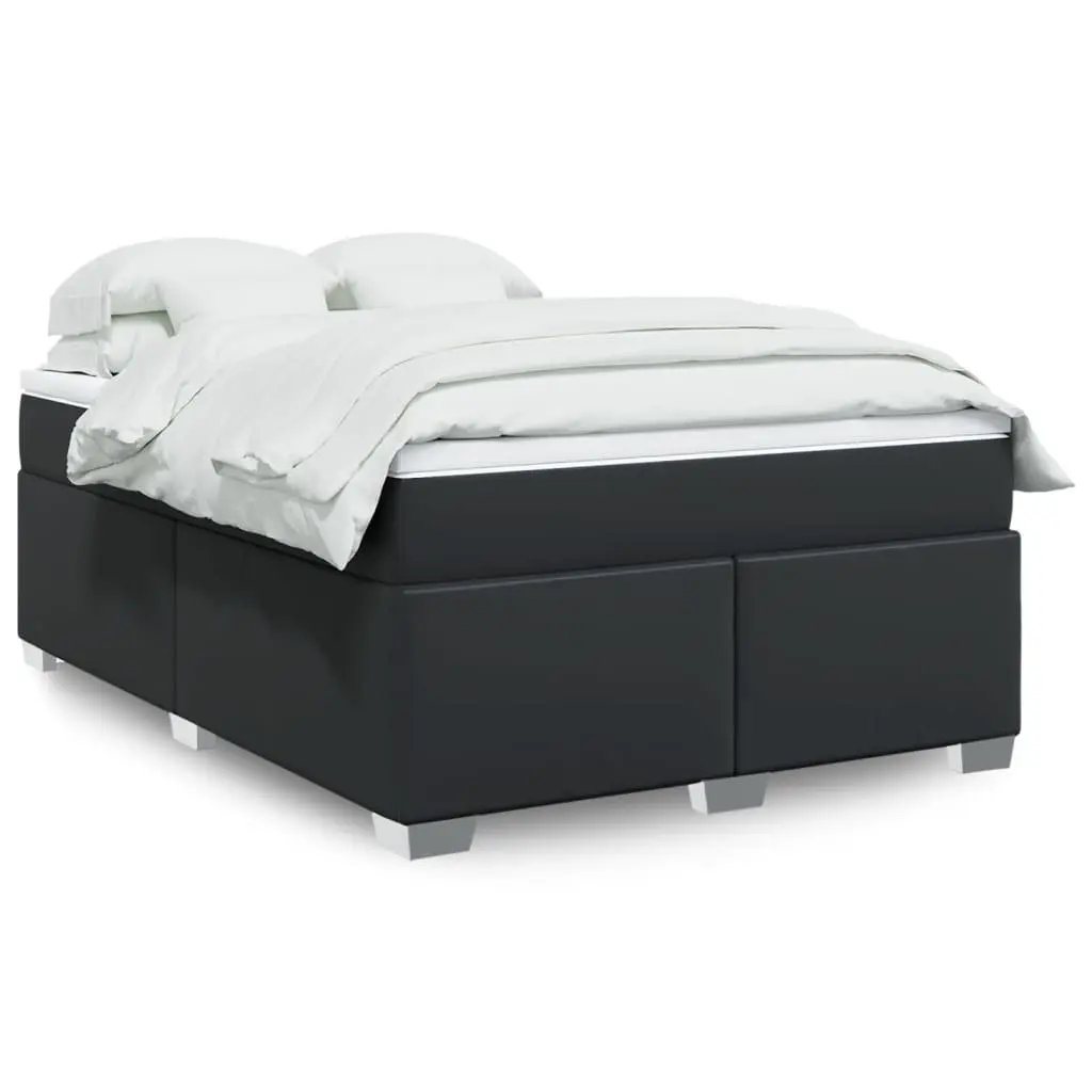 Queen Size Box Spring Bed with Pocket Mattress Black Faux Leather Frame