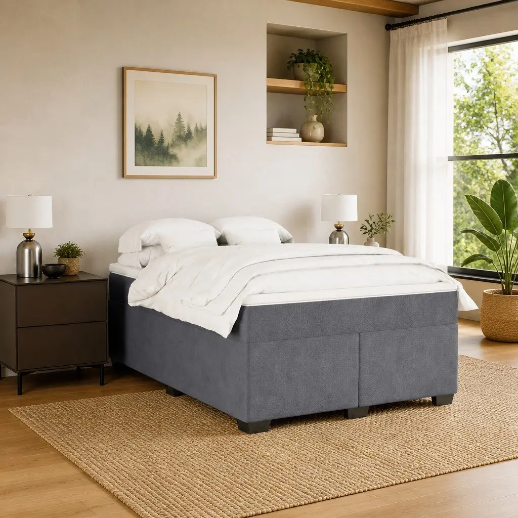 Full Size Bed Dark Grey Velvet with Pocket Spring Mattress and Removable Topper
