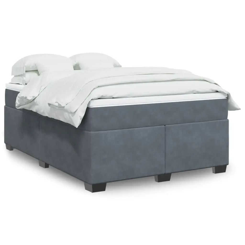 Velvet Upholstered Box Spring Bed Queen Size with Pocket Spring Mattress and Slatted Base in Grey