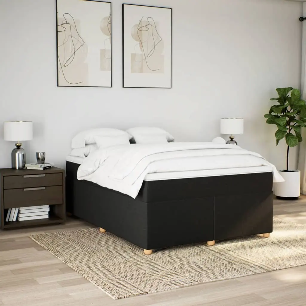 Double Bed Frame Black Polyester Fabric Slatted Base Pocket Spring Mattress