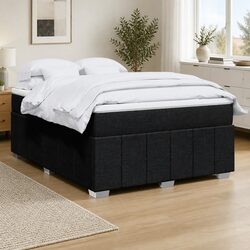 Queen Size Box Spring Bed with Pocket Spring Mattress Black Fabric Bedroom