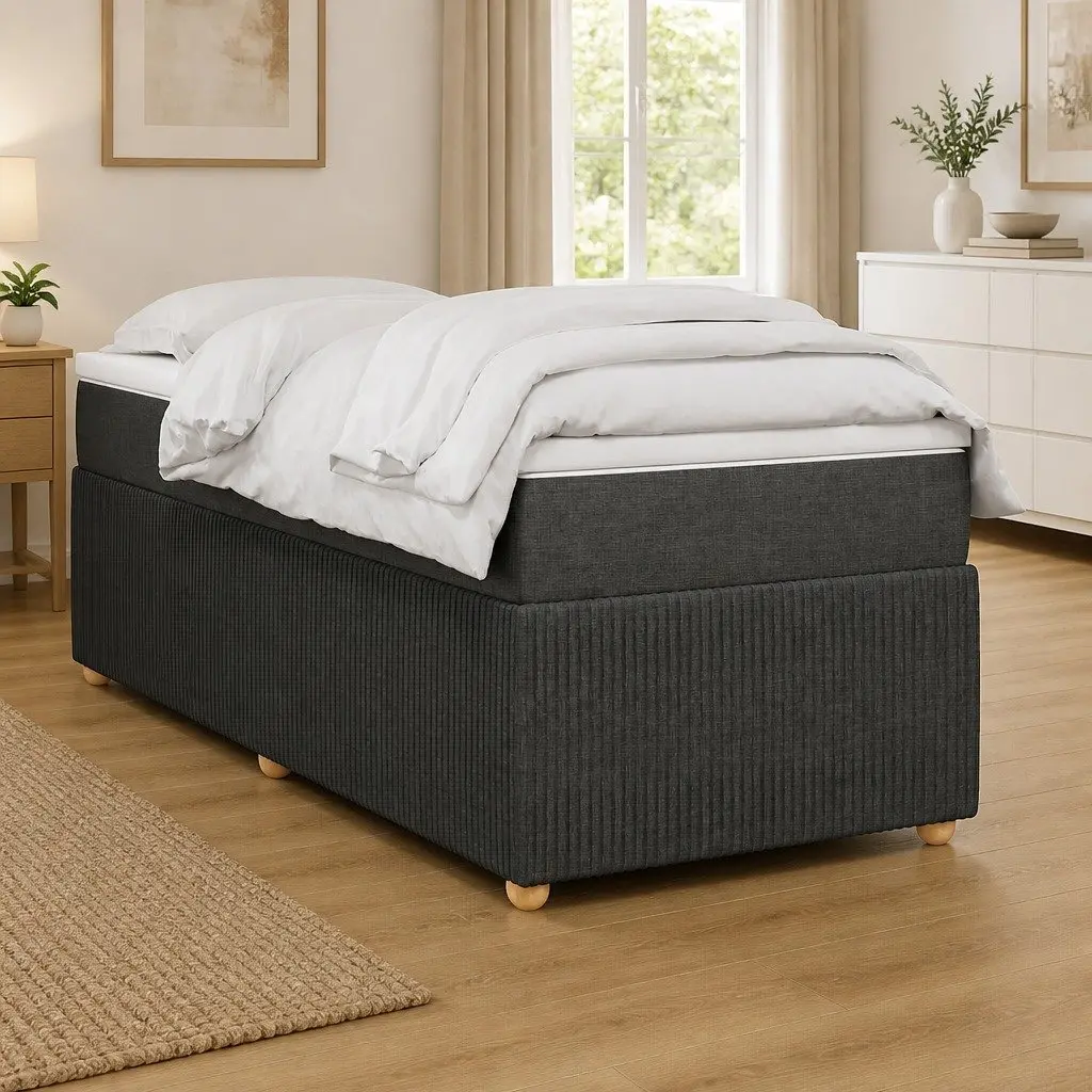 Box Spring Bed Frame Black Fabric King Single with Pocket Spring Mattress and Removable Topper