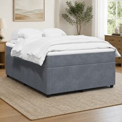 Box Spring Bed with Pocket Spring Mattress Double Grey Velvet Upholstered Frame