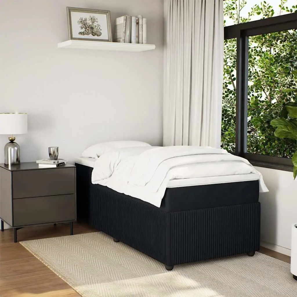 King Single Bed Frame Velvet Black with Pocket Spring Mattress and Mattress Topper
