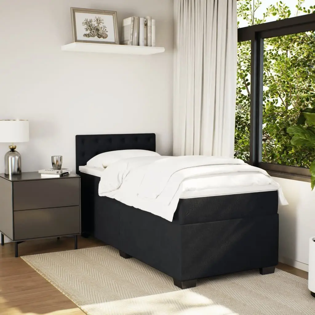 King Single Box Spring Bed with Pocket Mattress Black Fabric Frame Slats