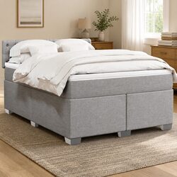 Double Box Spring Bed with Pocket Mattress Grey Fabric Frame Slats Support