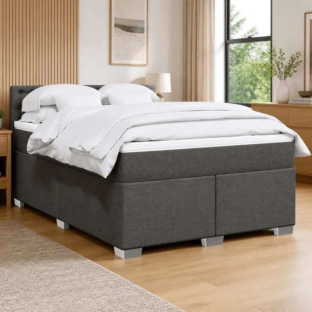 Double Box Spring Bed with Pocket Spring Mattress Black Fabric Frame