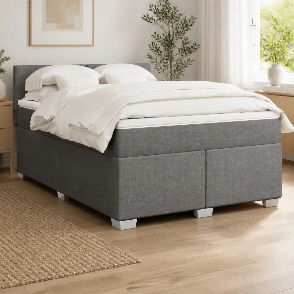Queen Box Spring Bed Pocket Spring Mattress Grey Fabric Frame Slats