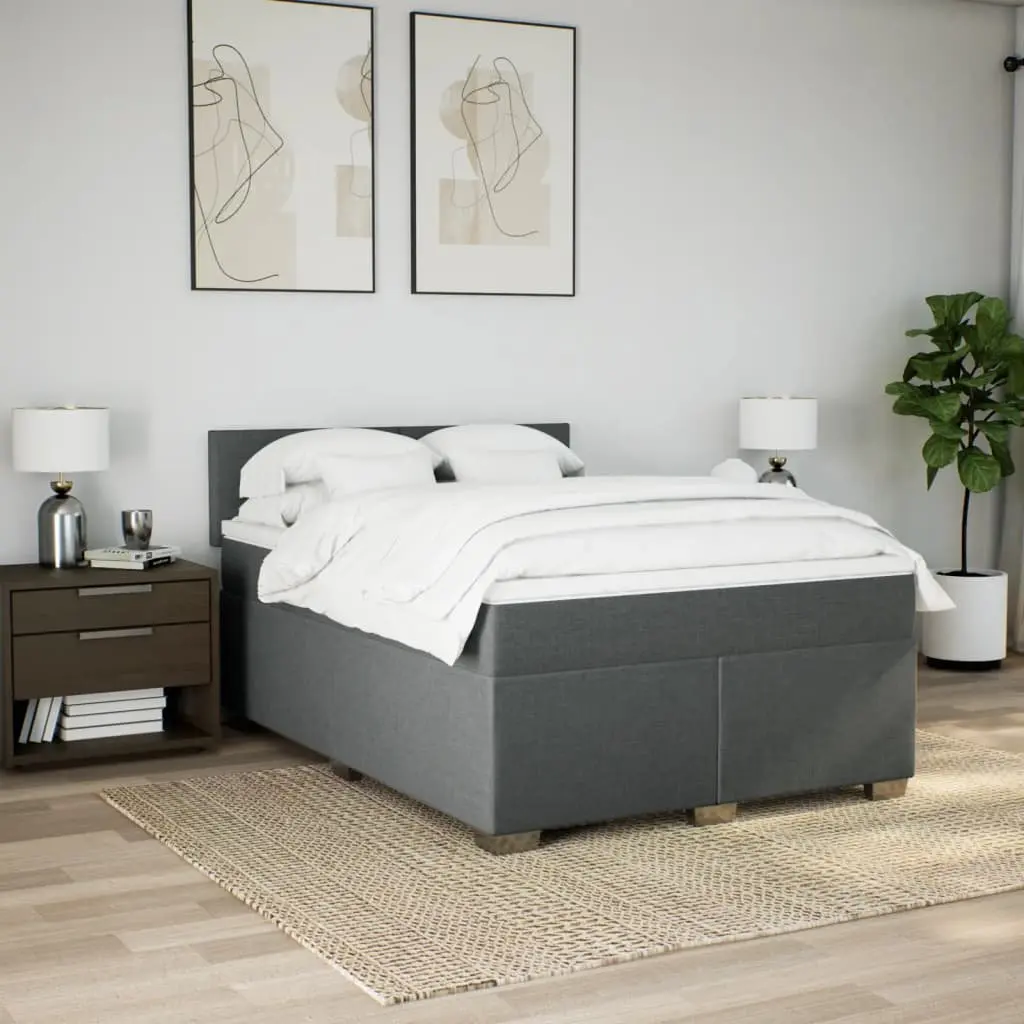 Queen Box Spring Bed Pocket Spring Mattress Grey Fabric Frame Slats