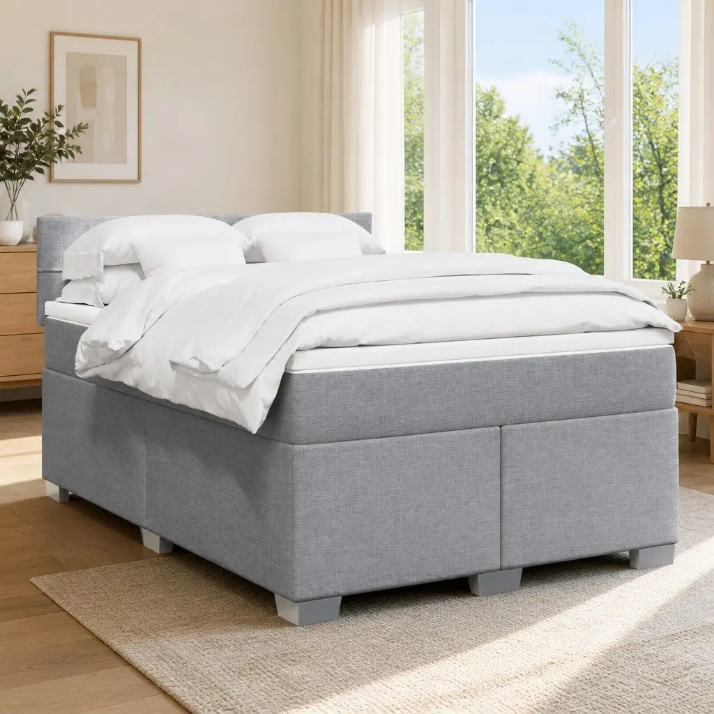 Queen Box Spring Bed with Pocket Spring Mattress Grey Fabric Bedroom Furniture