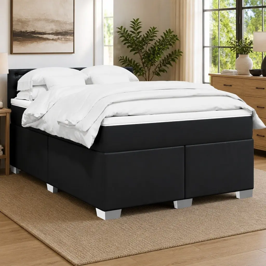 Queen Bed Faux Leather Black with Pocket Spring Mattress and Slatted Base