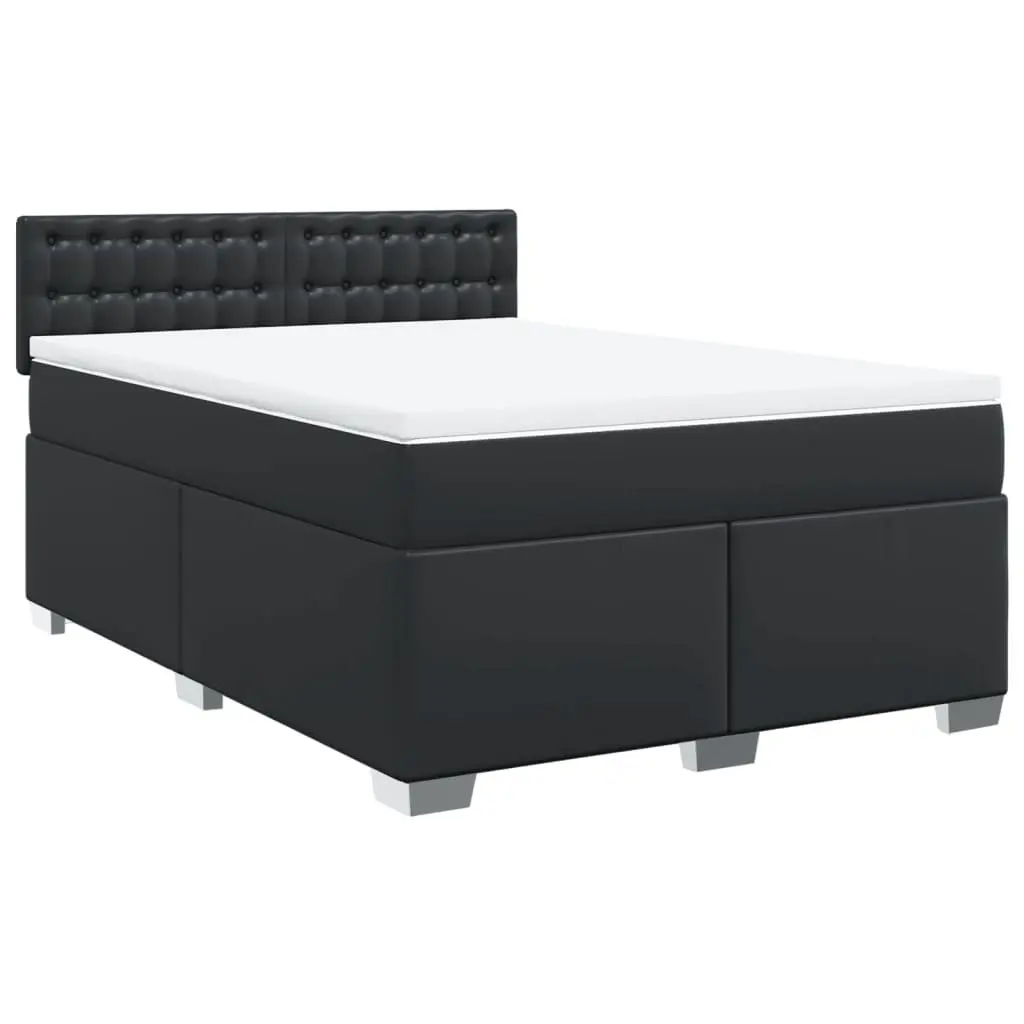 Queen Bed Faux Leather Black with Pocket Spring Mattress and Slatted Base