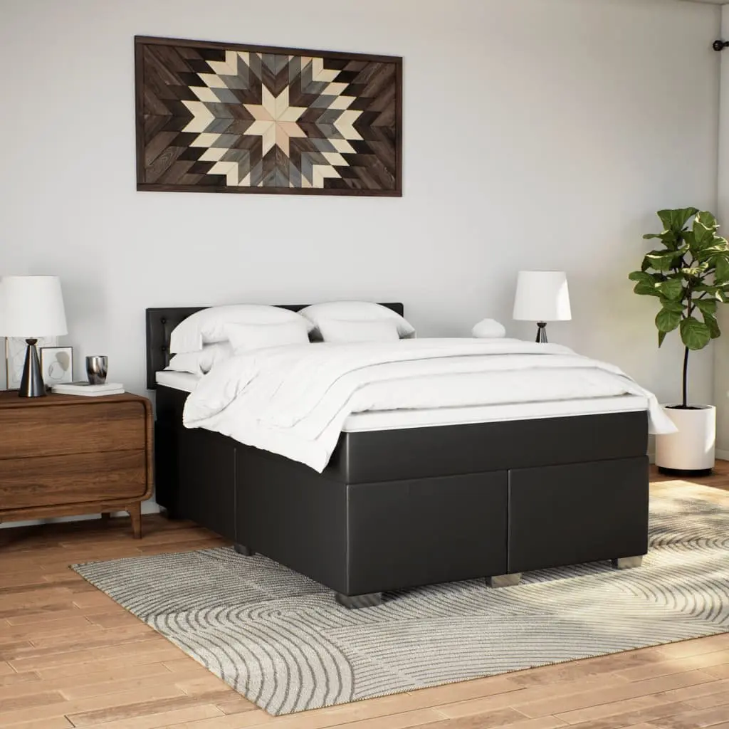 Queen Bed Faux Leather Black with Pocket Spring Mattress and Slatted Base