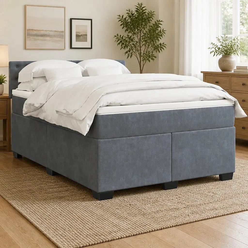 Queen Box Spring Bed Frame Velvet Dark Grey Pocket Spring Mattress Topper