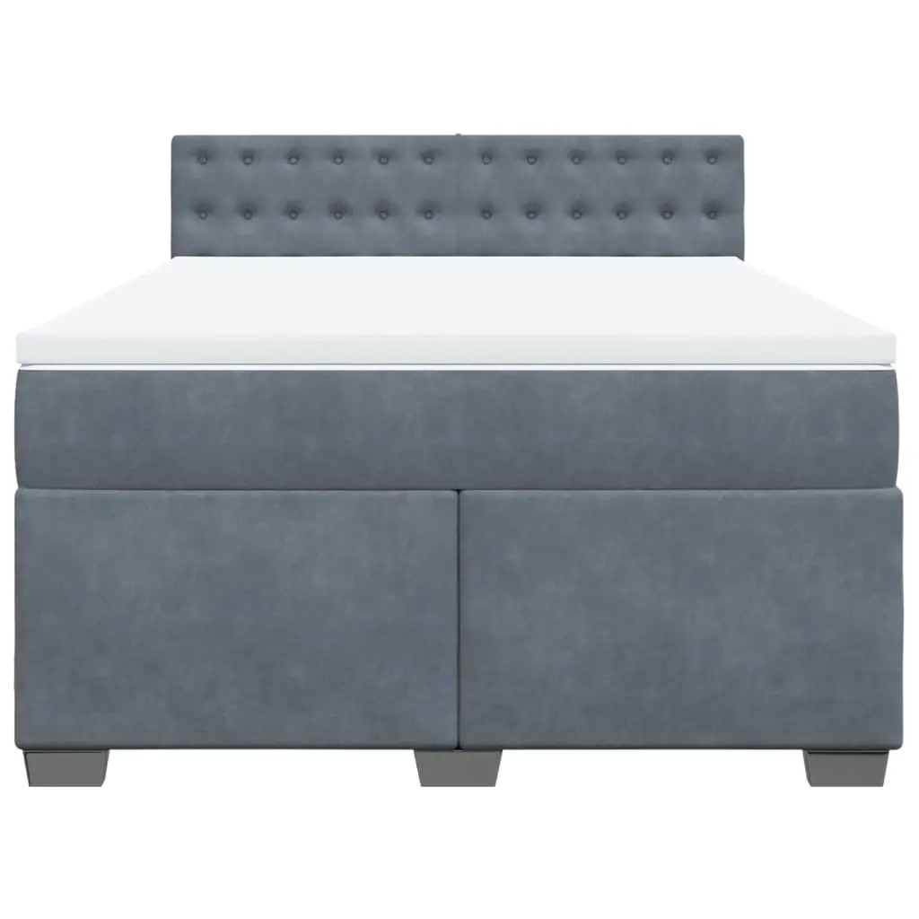 Queen Box Spring Bed Frame Velvet Dark Grey Pocket Spring Mattress Topper