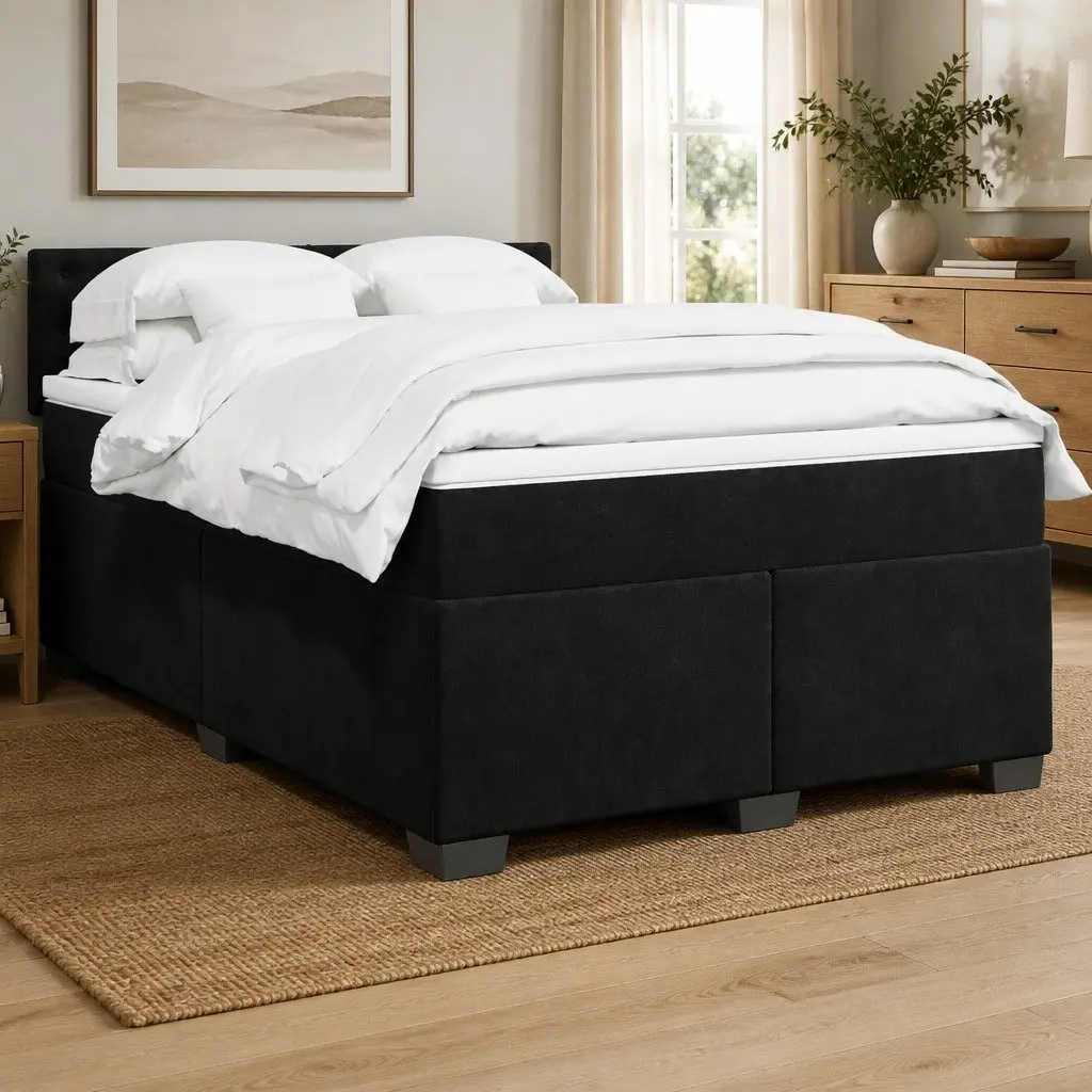 Queen Box Spring Bed with Pocket Mattress Velvet Upholstered Frame Slat Base