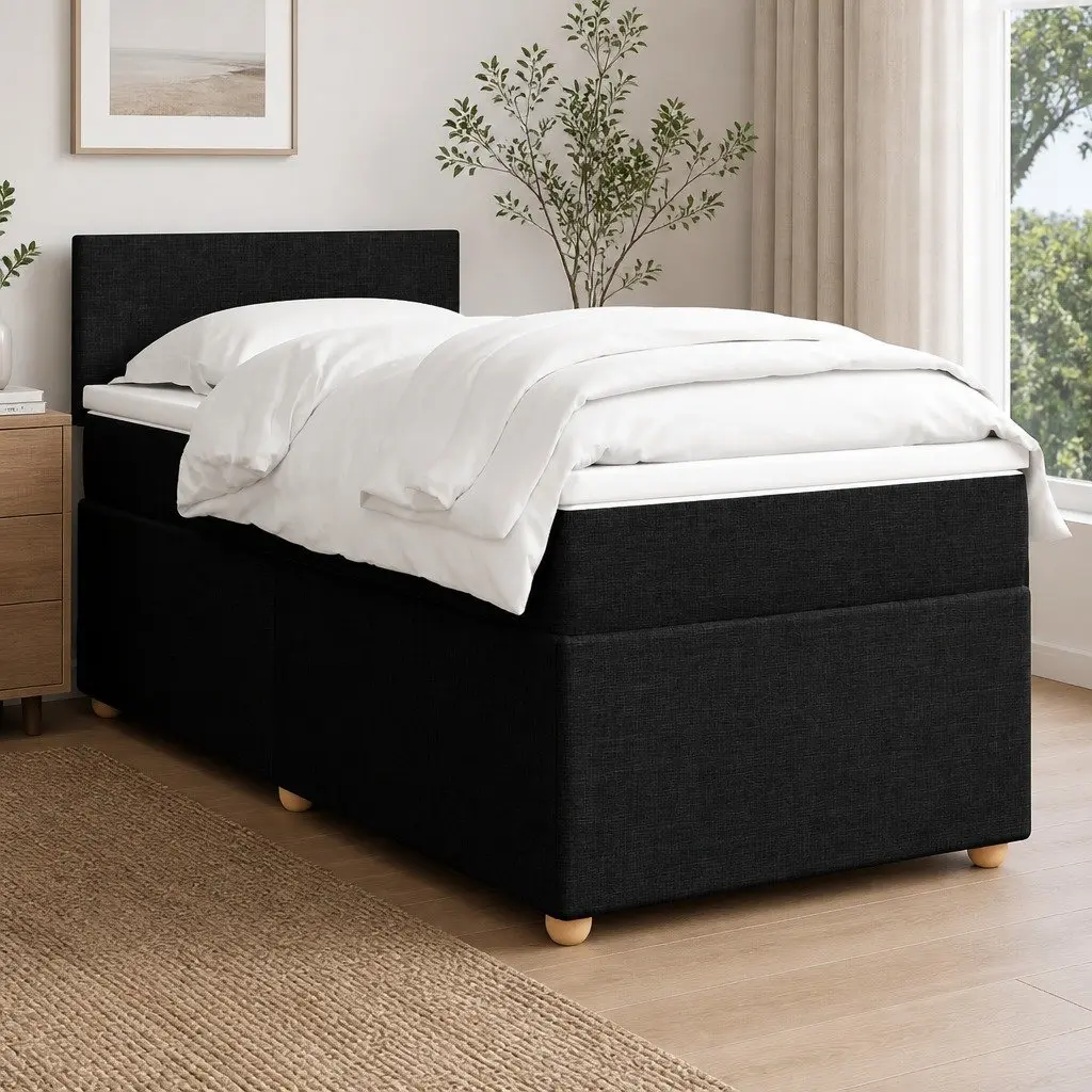 King Single Box Spring Bed with Pocket Mattress Black Fabric Frame Slats