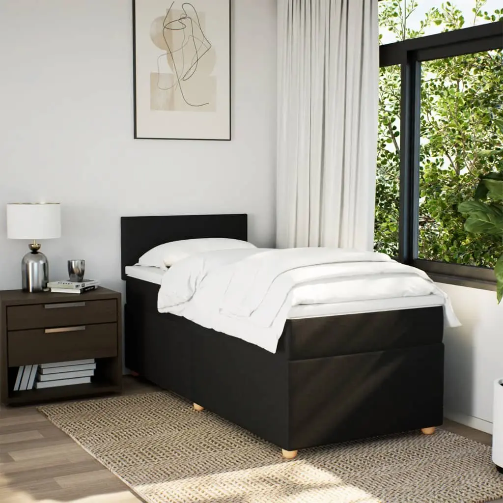 King Single Box Spring Bed with Pocket Mattress Black Fabric Frame Slats