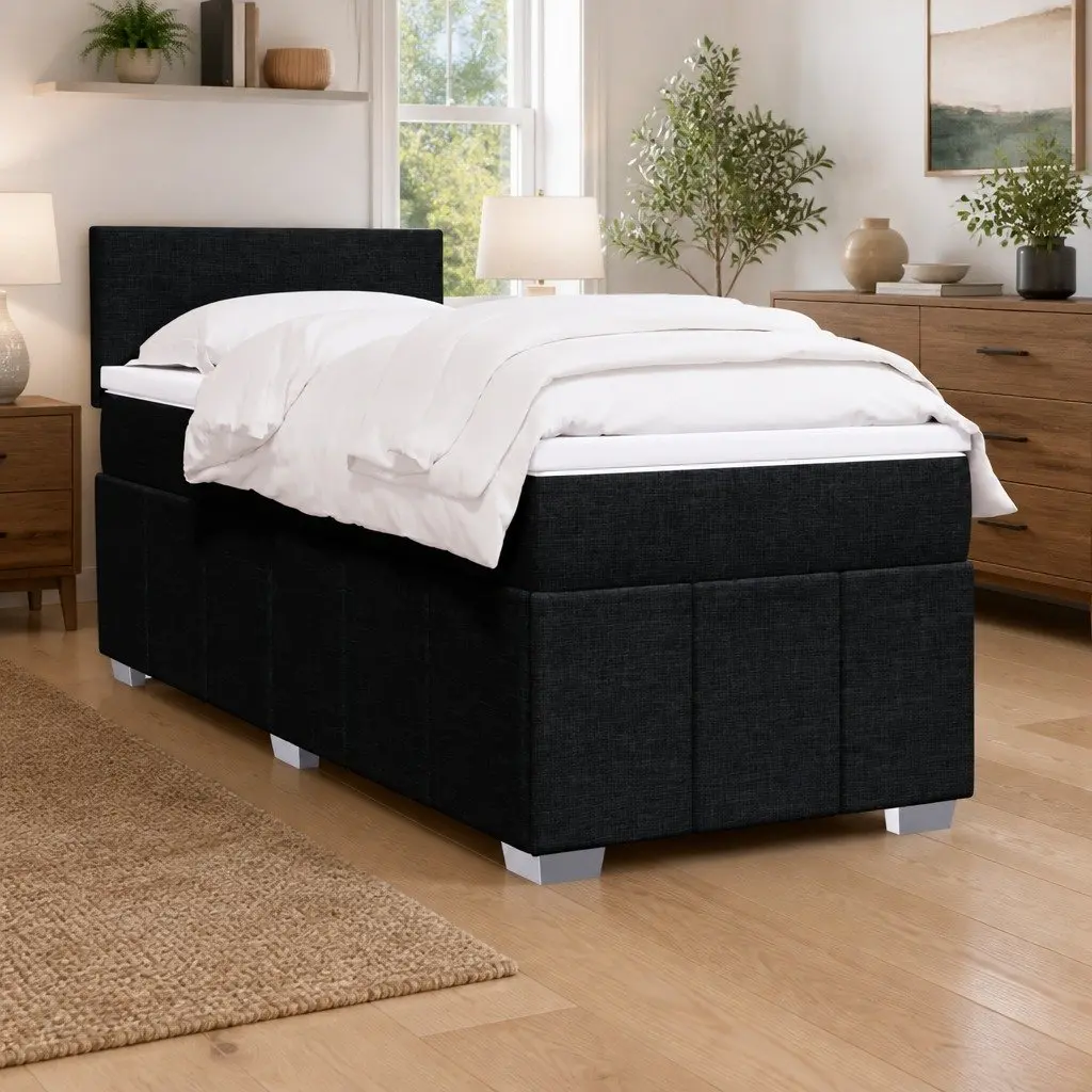 King Single Box Spring Bed with Pocket Mattress Black Fabric Frame