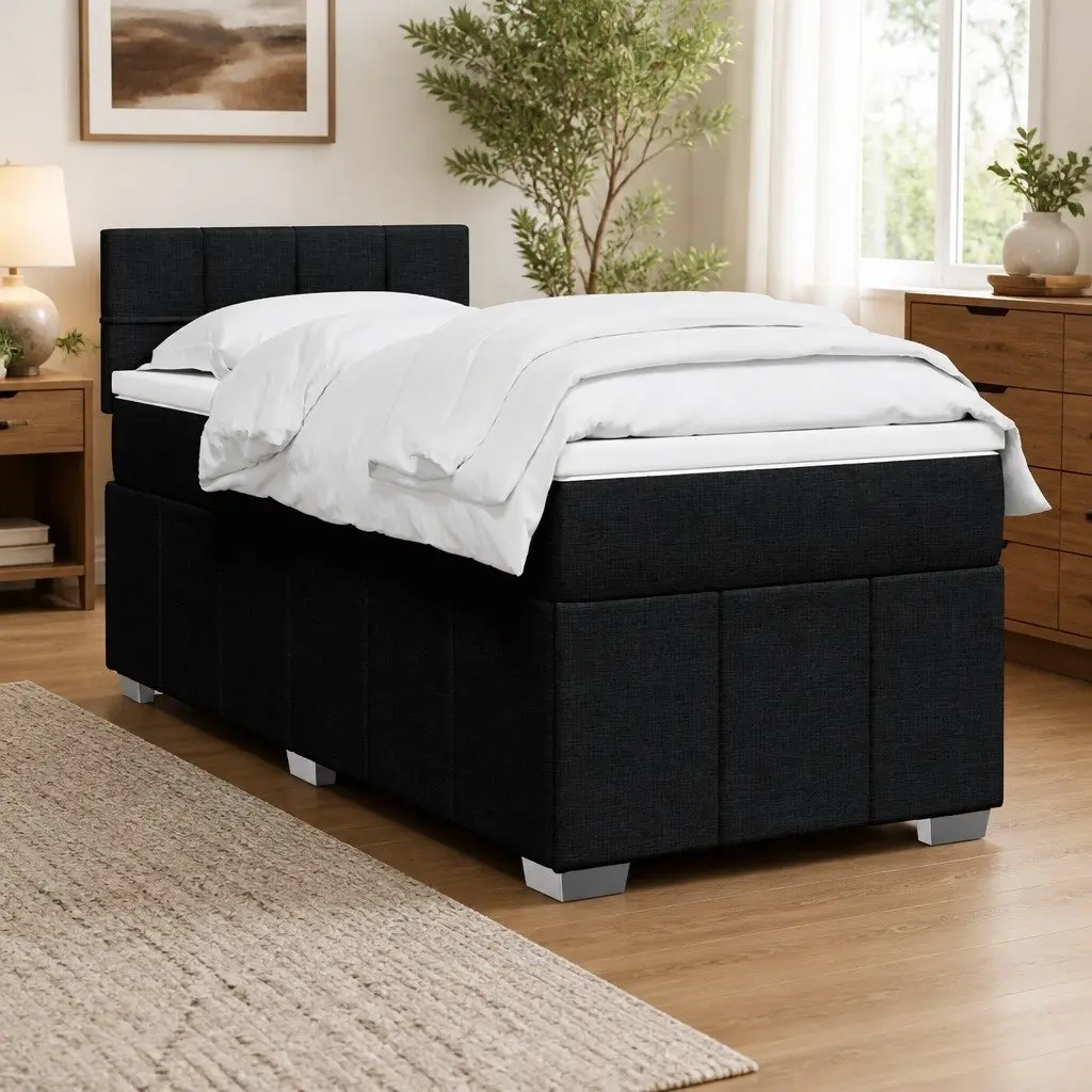 Box Spring Bed Pocket Spring Mattress King Single Black Fabric Frame Slats