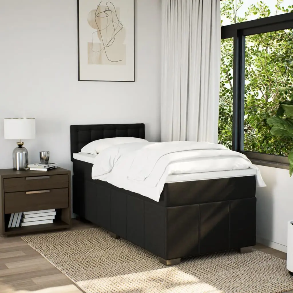 King Single Box Spring Bed with Pocket Mattress Black Fabric Frame Slats