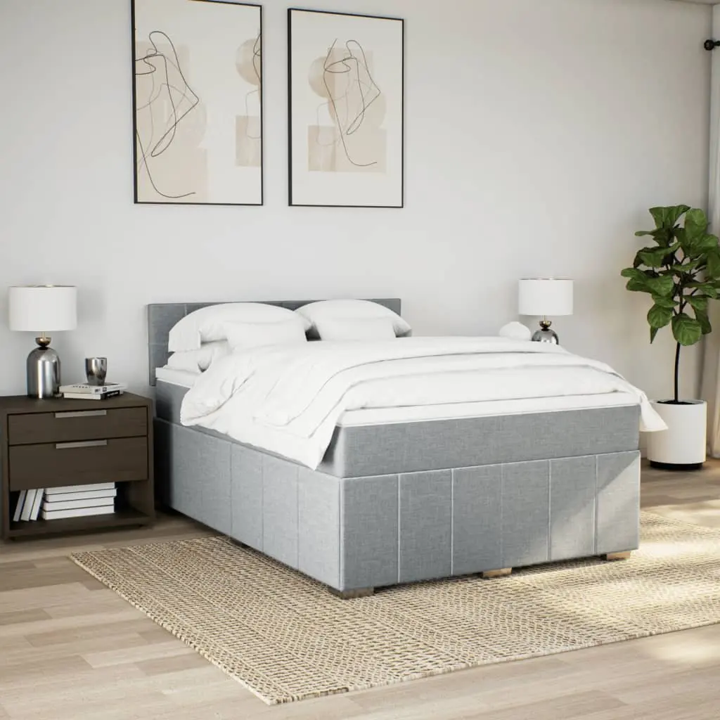 Queen Box Spring Bed Pocket Spring Mattress Slatted Base Grey Fabric