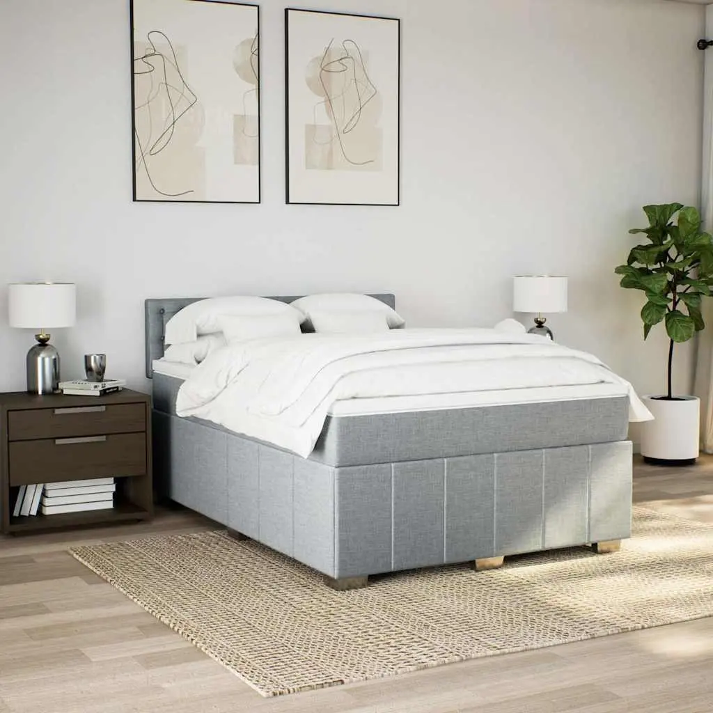 Queen Bed Frame Grey Fabric Pocket Spring Mattress Slatted Base Upholstered Furniture