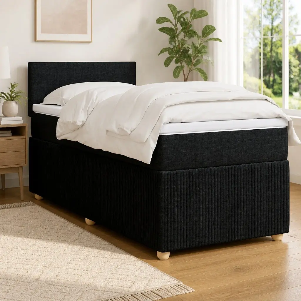 King Single Box Spring Bed with Pocket Mattress Black Fabric Frame