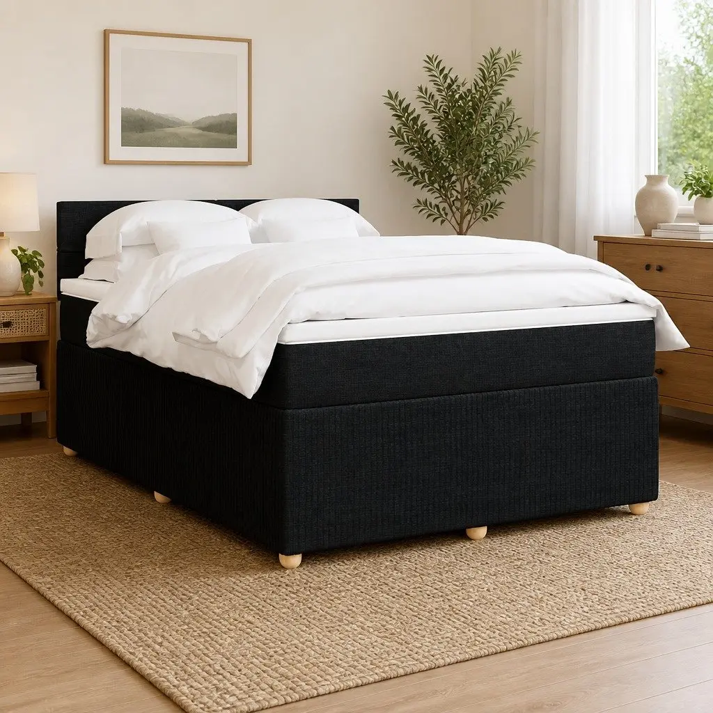 Double Box Spring Bed with Pocket Spring Mattress Black Fabric Frame