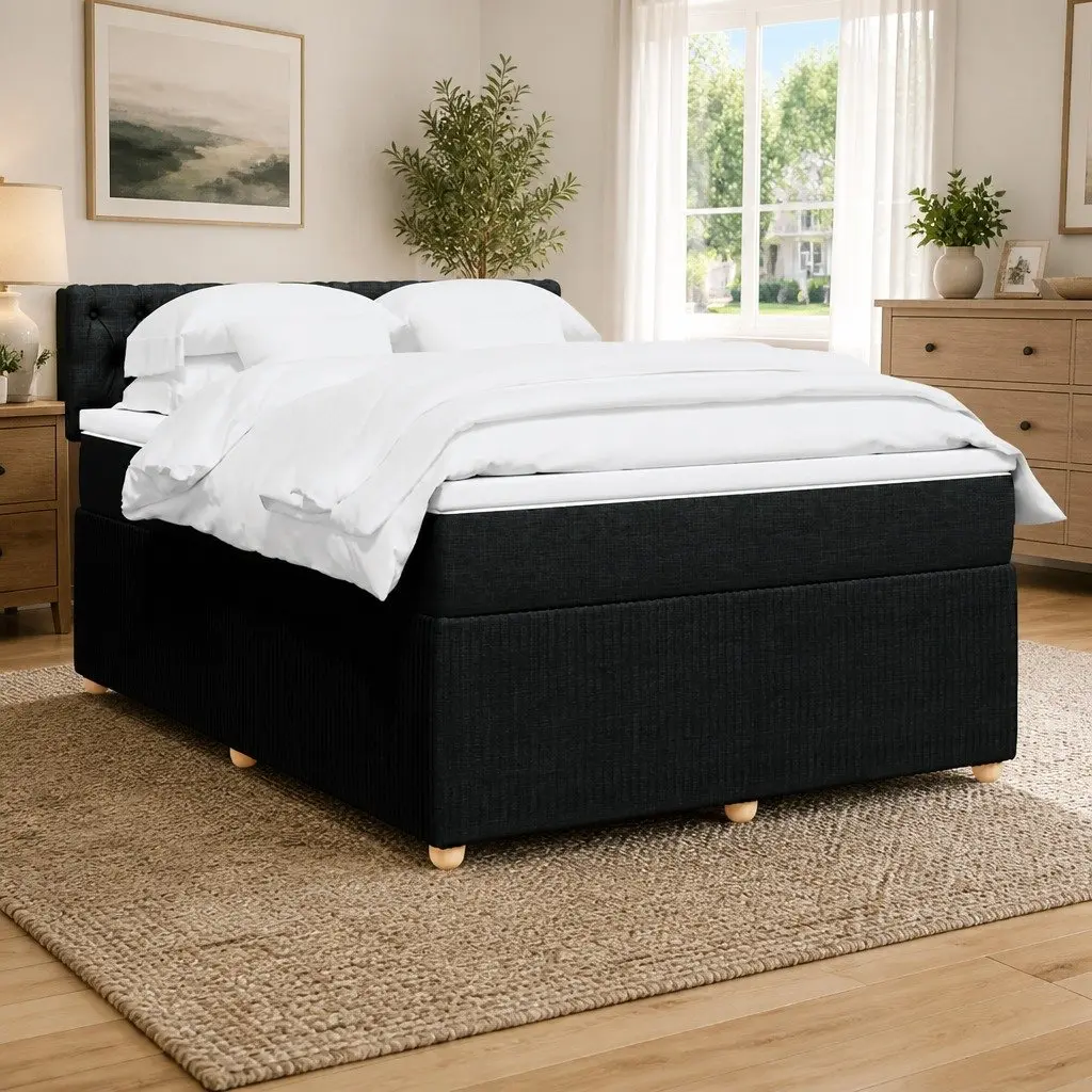 Double Bed Frame with Pocket Spring Mattress Polyester Fabric Slatted Base Black