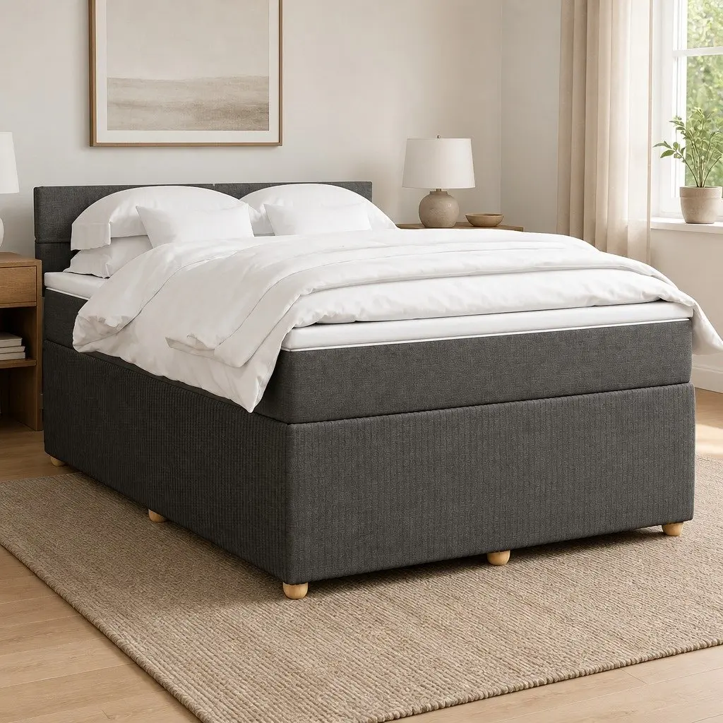 Queen Box Spring Bed with Pocket Mattress Grey Fabric Upholstered Frame Slats