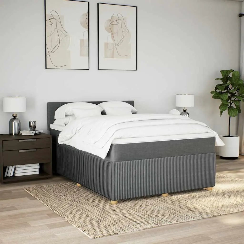 Queen Box Spring Bed with Pocket Mattress Grey Fabric Upholstered Frame Slats